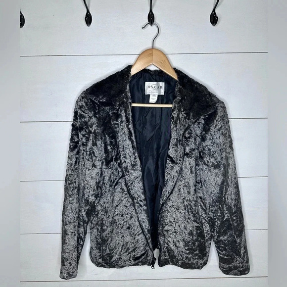 Y2K Oscar De La Renta Plush Soft Metallic Silver Zip Up
Moto Jacket - Picture 1 of 9